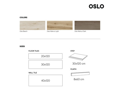 Farby a veľkosti dlaždíc Oslo: buk, svetlý orech, tmavý orech, 20x120, 30x120, 40x120 centimetrov