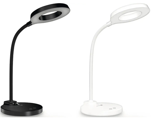 Dve LED stolné lampy v čiernej a bielej farbe s kruhovým svetlom