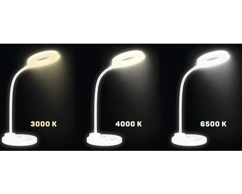 Stolná lampa s rôznymi teplotami farieb: 3000 Kelvinov, 4000 Kelvinov a 6500 Kelvinov.