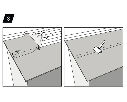 Ilustrácia pokládky izolačnej podložky s prekrytím 10 centimetrov a prítlačného valčeka.