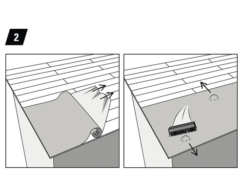 Ilustrácia pokládky vinylovej podlahy s rozbaľovačom a kefou.