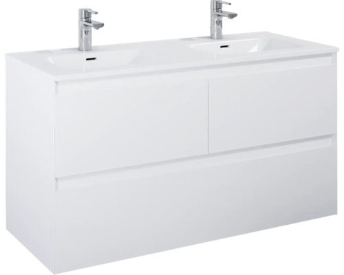 Skrinka pod umývadlo s dvomi umývadlami a dvomi batériami