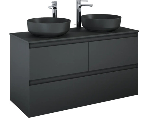 Skrinka pod umývadlo s dvoma umývadlami na dosku a dvoma vodovodnými batériami