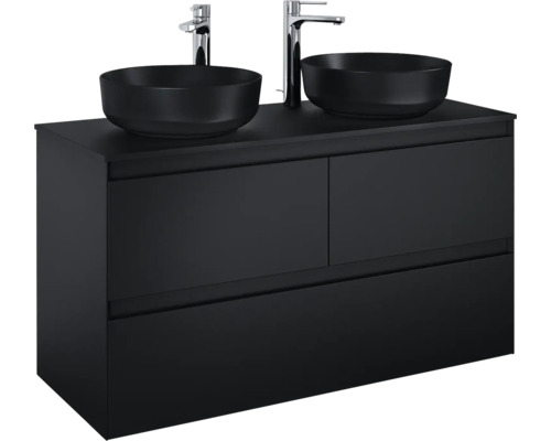 Skrinka pod umývadlo s dvoma umývadlami na dosku a vodovodnými batériami