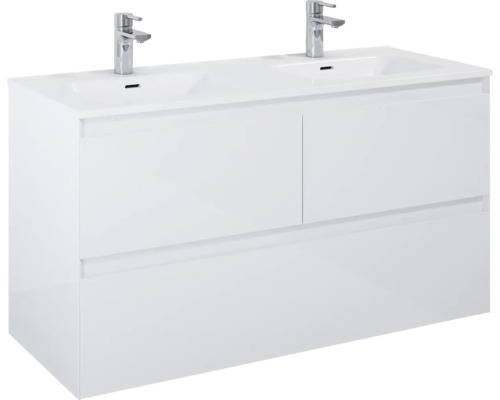 Skrinka pod umývadlo s dvoma umývadlami a dvoma kohútikmi