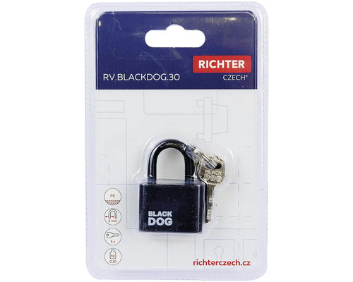 Visiaci zámok Richter Black Dog s kľúčom v blistri
