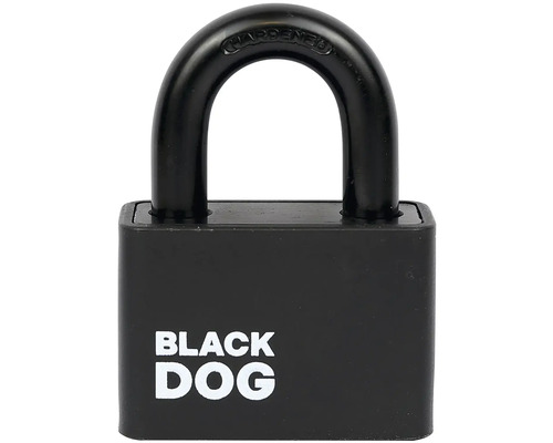 Čierny visiaci zámok s tvrdeným strmeňom a logom Black Dog.