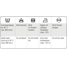 Symboly prania: Jemný cyklus do 30 stupňov, nebieliť, nesušiť v sušičke, žehliť na nízku teplotu, nečistiť chemicky