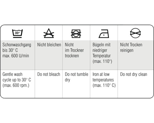 Symboly prania: Jemný cyklus do 30 stupňov, nebieliť, nesušiť v sušičke, žehliť na nízku teplotu, nečistiť chemicky