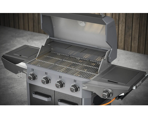 Plynový gril so štyrmi horákmi, bočným horákom a otvoreným vekom