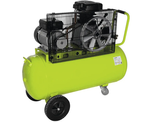 Mobilný piestový kompresor s tlakovou nádobou a ochrannou klietkou.