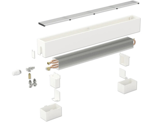 Rozkreslený pohľad na radiátorový konvektor s krytom, puzdrom, registrom a pripojovacím príslušenstvom