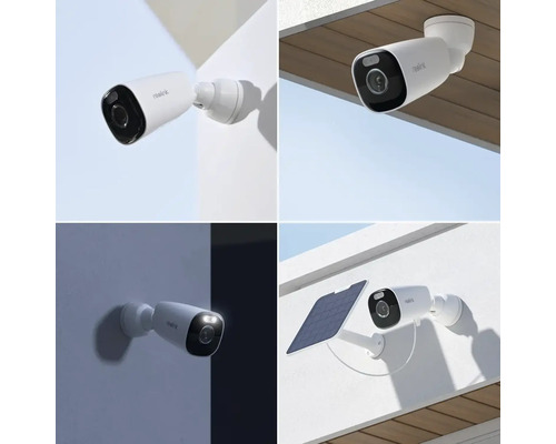 Koláž rôznych pohľadov na bezpečnostnú kameru Reolink na montáž na stenu.