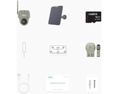 Príslušenstvo k fotopasci Reolink vrátane solárneho panelu, karty Micro SD a návodu na obsluhu