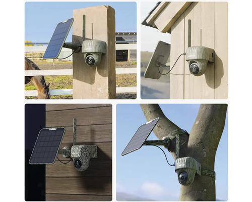 Viacero pohľadov na bezpečnostnú kameru so solárnym panelom namontovanú na rôznych miestach.
