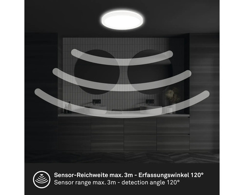 Stropné svietidlo s pohybovým senzorom v kúpeľni s dosahom senzora maximálne 3 metre a detekčným uhlom 120 stupňov.