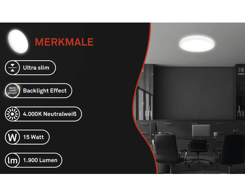 Ploché stropné svietidlo s 15 wattmi, 1900 lúmenmi a neutrálnym bielym svetlom v kancelárskej miestnosti.