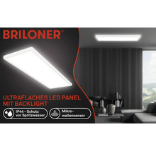 Ploché LED panely s podsvietením v obývacej izbe, logo Briloner, ochrana IP44, mikrovlnný senzor