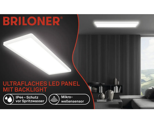Ploché LED panely s podsvietením v obývacej izbe, logo Briloner, ochrana IP44, mikrovlnný senzor