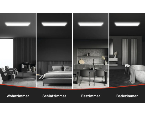 Koláž interiérov: obývacia izba, spálňa, jedáleň a kúpeľňa so stropným svietidlom.