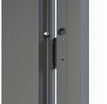 Detailný pohľad na sivé dvere so zámkom a kovaním