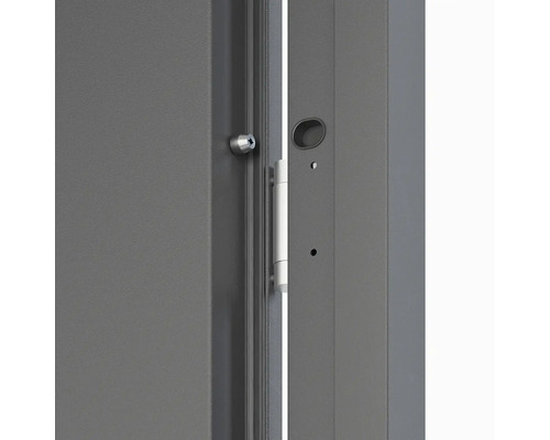 Detail sivých bezpečnostných dverí so zámkom a pántom