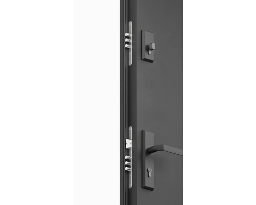 Detailný pohľad na sivý bezpečnostný zámok dverí s viacbodovým zamykaním