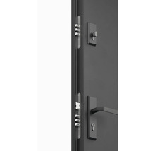 Detail viacbodového zámku na dverách s kľučkou a otočným gombíkom