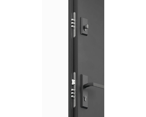 Detail viacbodového zámku na dverách s kľučkou a otočným gombíkom