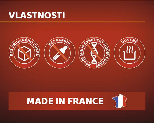 Vlastnosti: Bez pridaného cukru, bez farbív, bez genetickej modifikácie, dusené, vyrobené vo Francúzsku