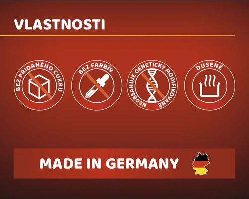 Vlastnosti produktu: Bez pridaného cukru, bez farbív, geneticky nemodifikované, dusené, vyrobené v Nemecku.