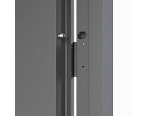 Detail sivých dverí s dverovým pántom a otočným gombíkom