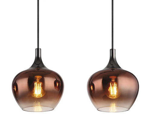Dve závesné lampy s hnedými sklenenými tienidlami a čiernym zavesením