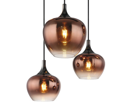 Závesná lampa s tromi svietidlami a sklenenými tienidlami