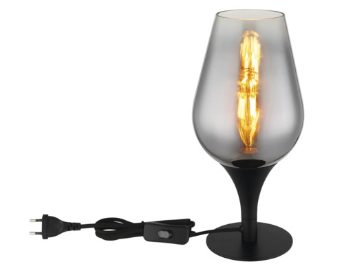 Stolná lampa so sivým skleneným tienidlom a Edisonovou žiarovkou na čiernom podstavci
