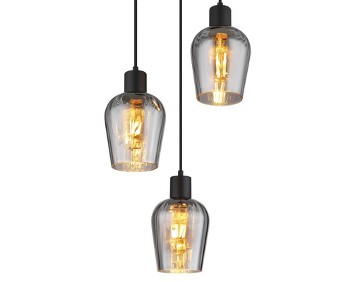 Závesné svietidlo s tromi žiarovkami a sivými sklenenými tienidlami