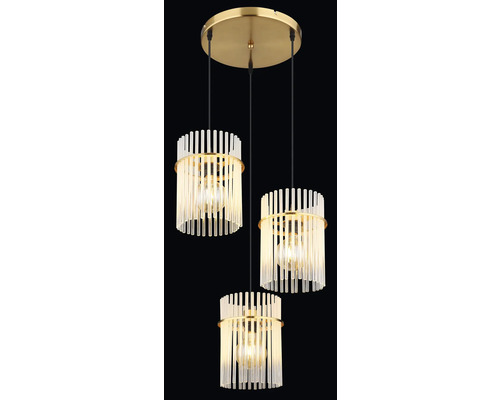 Závesné svietidlo s tromi svetlami, priehľadnými tyčami a zlatistým závesom