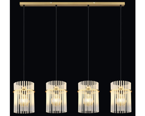 Závesné svietidlo so štyrmi žiarovkami, valcovými tienidlami a tyčinkovou výzdobou