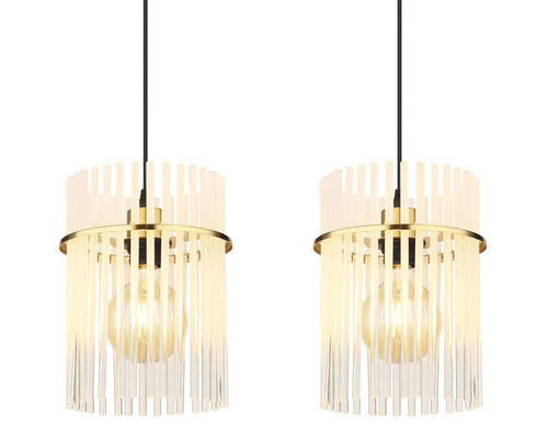 Dve závesné lampy s valcovým tienidlom z priehľadných tyčí a zlatými akcentmi