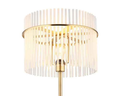 Stojacia lampa s tienidlom zo sklenených tyčí a kovovým rámom