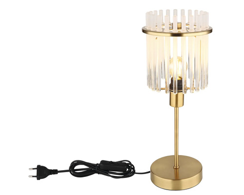Stolná lampa s priehľadnými sklenenými tyčami a kovovou základňou