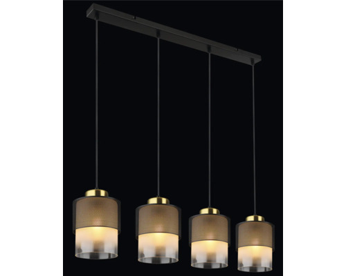 Závesné svietidlo so štyrmi žiarovkami s valcovitými tienidlami z kovu a skla