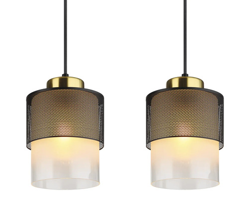 Dve závesné lampy s kovovými tienidlami a sklenenými difúzormi