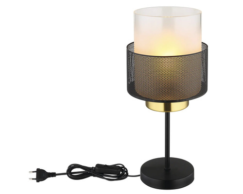 Stolná lampa so skleneným tienidlom a kovovou mriežkou