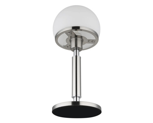 Stolná lampa s okrúhlym bielym skleneným tienidlom a kovovou základňou