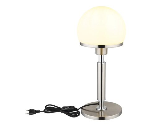 Stolná lampa s guľovitým skleneným tienidlom a kovovou základňou