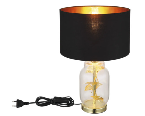 Stolná lampa s čiernym tienidlom a sklenenou základňou s motívom listov
