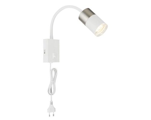 Biela nástenná lampa s flexibilným ramenom a sieťovou zástrčkou