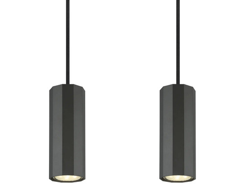 Dve sivé závesné svietidlá s valcovitým tienidlom a LED osvetlením