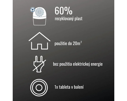 Informácie o odvlhčovači vzduchu: 60 percent recyklovaného plastu, použitie do 20 metrov štvorcových, žiadna spotreba elektriny, 1 tableta v balení